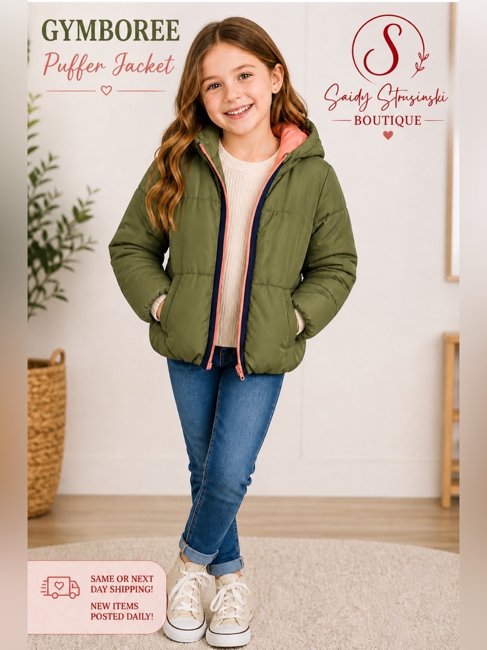 Gymboree Girls Puffer Jacket Olive Green Hooded Coat Size M 7-8